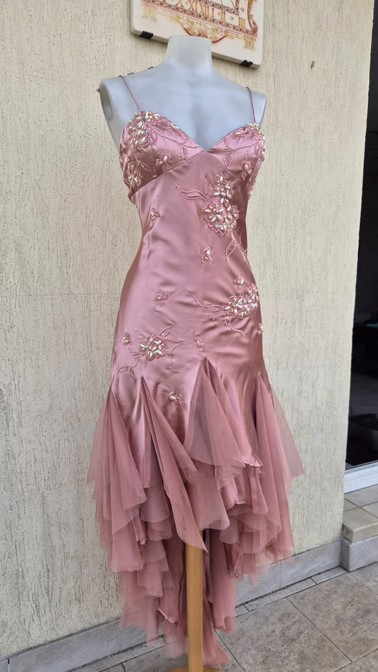 Elegant Pink Spaghetti Straps Satin Tulle Mermaid Long Party Dress Evening Dress D3555