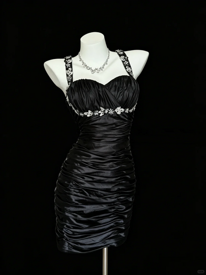 Stylish Spaghetti Straps Satin Pleated Beaded Sheath Short Homecoming Dress Black Short Birthday Outfits D5266