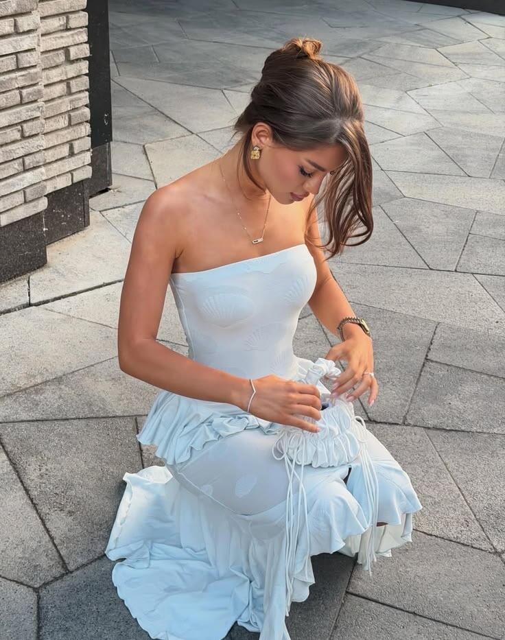 Elegant Strapless Blue Satin Ruffles Mermaid Long Party Dress Evening Dress D3763
