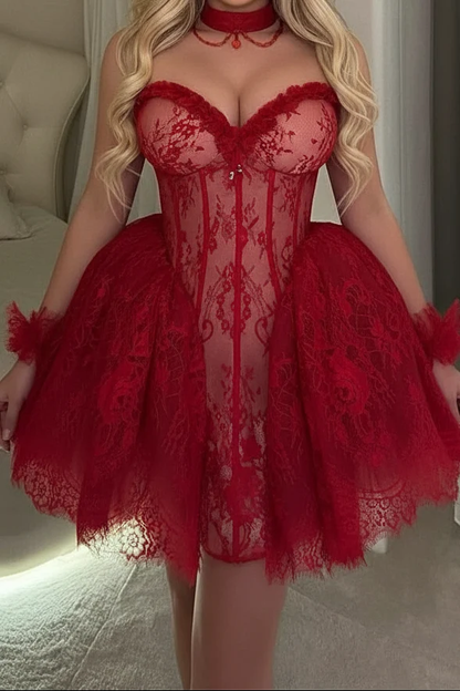 Sexy Strapless Red Lace A Line Short Graduation Homecoming Dress Birthday Dress D4532