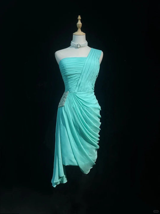 Elegant Tiffany Blue One Shoulder Chiffon Beaded Sheath Cocktail Dress Short Homecoming Dress D3383