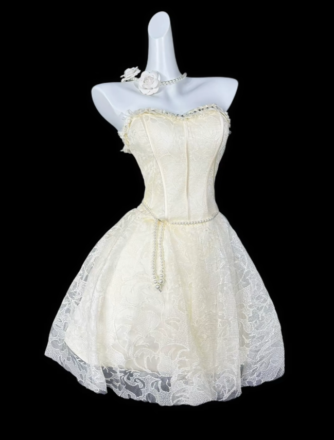 Pretty Cream Sweetheart Neck Satin Lace A Line Short Homecoming Dress Birthday Outfits D4183