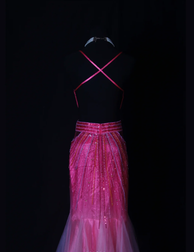 Gorgeous Spaghetti Straps Hot Pink V Neck Satin Tulle Beaded Mermaid Prom Dress Backless Long Evening Gown D2265