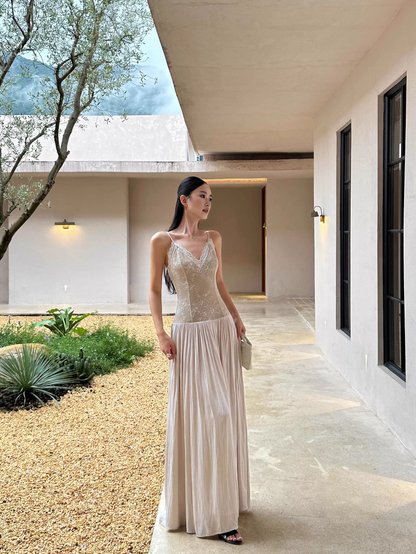 Unique Apricot Spaghetti Straps V Neck Lace Satin A Line Long Evening Dress Party Gown D2127