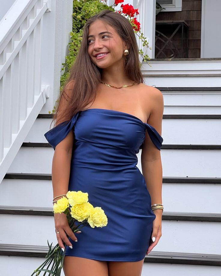Stylish Navy Blue Satin Sheath Short Graduation Homecoming Dress ,Off The Shoulder Mini Birthday Dress D3461