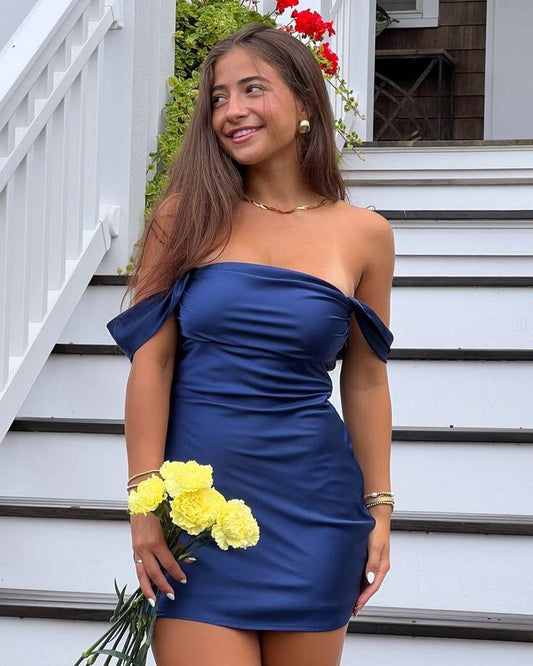 Stylish Navy Blue Satin Sheath Short Graduation Homecoming Dress ,Off The Shoulder Mini Birthday Dress D3461