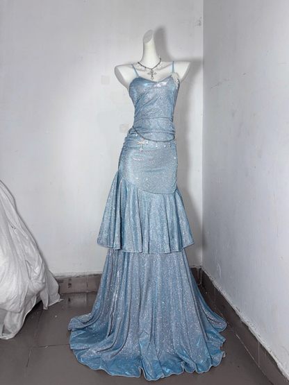 Classy Blue Spaghetti Straps Ruffles Homecoming Dress Short Birthday Dress S606
