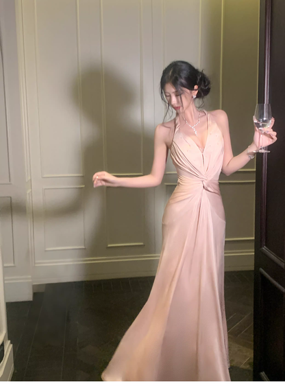 Classy Coral Powder Halter V Neck Satin Beaded Mermaid Long Party Dress Backless Evening Gown D2182