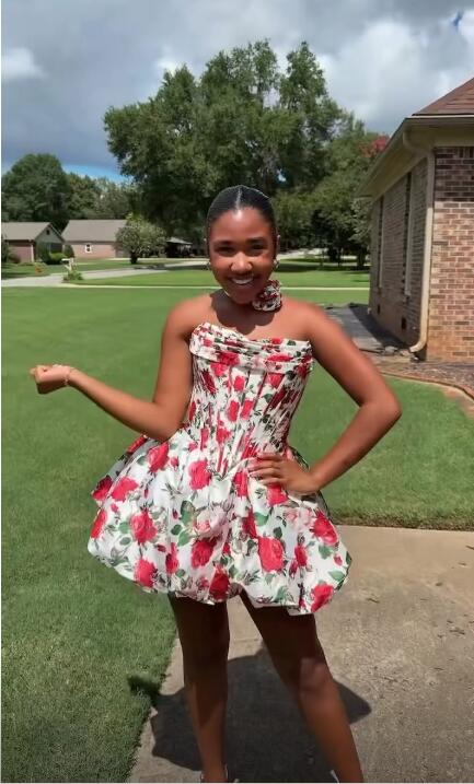 Charming Strapless Satin Print Floral A Line Red Short Homecoming Dress Birthday Outfits D4306