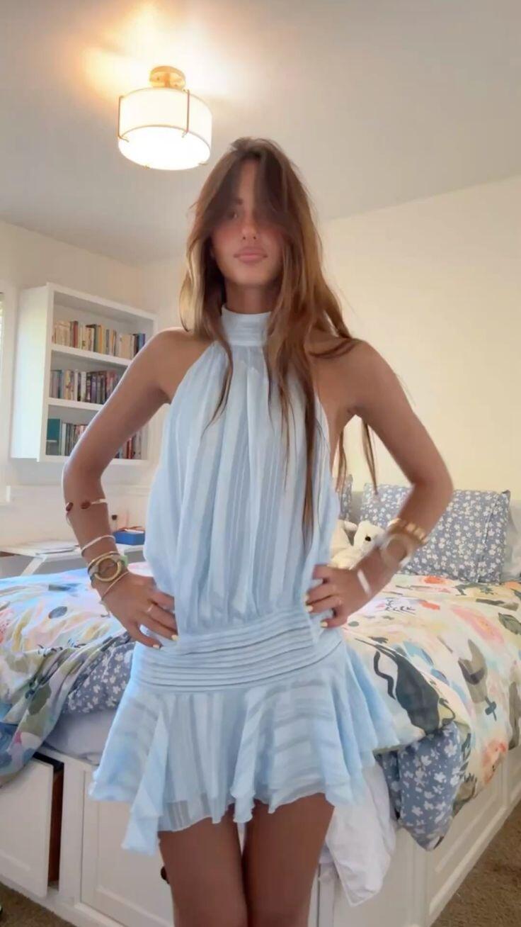 Elegant Halter Tulle A Line Mini Birthday Dress,Blue Backless Short 7th Grade Homecoming Dress D3886
