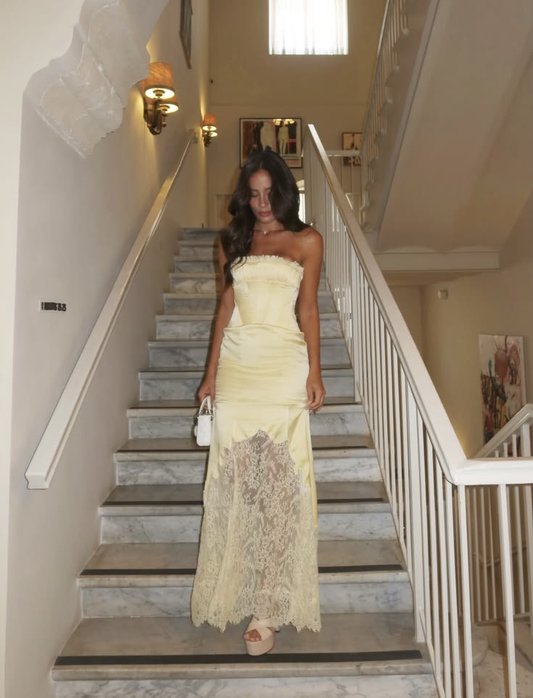 Classy Strapless Yellow Satin Lace Mermaid Long Party Dress Evening Gown D3424
