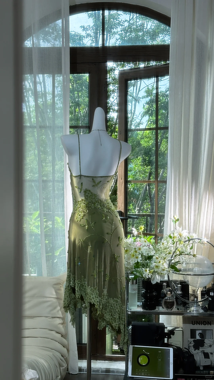 Vintage Spaghetti Straps Green Lace Appliques Beaded Short Graduation Homecoming Dress Birthday Outfits S723