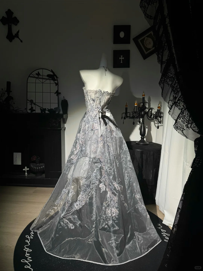 Glamorous Gray Strapless Tulle Appliques Beaded Long Party Dress Evening Gown D3729