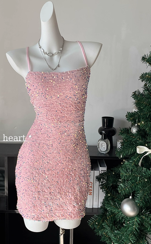 Sparkly Halter Sequin Sheath Cocktail Dress Pink Short Party Dress Homecoming Dress S672
