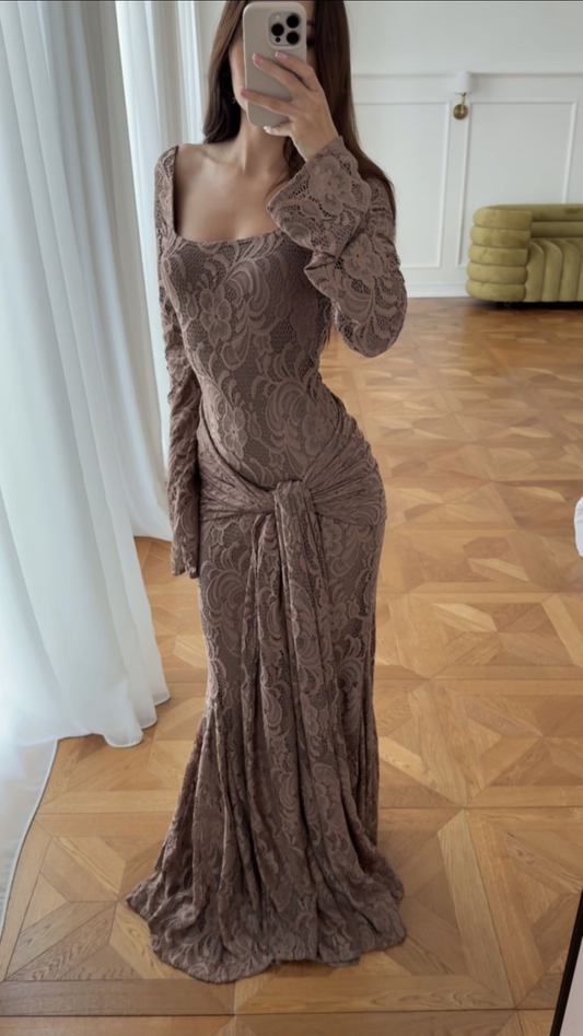 Vintage Square Neck Lace Mermaid Long Evening Dress Formal Wedding Guest Dress D1660