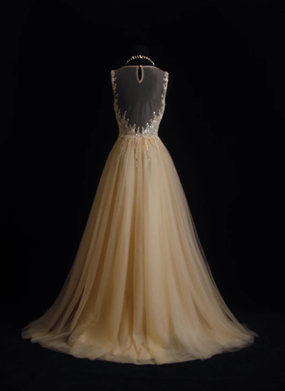 Luxurious Champagne Sleeveless Tulle Beaded Mermaid Long Birthday Party Dress Evening Gown D2213