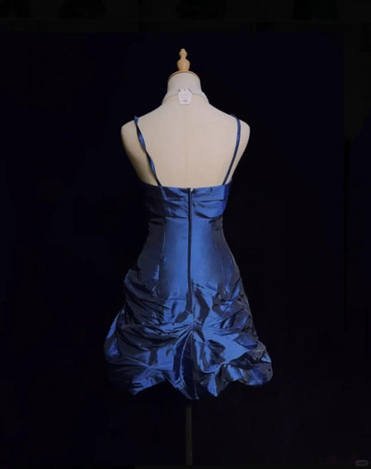 Fashion Spaghetti Straps Navy Blue Satin Pleated Short Homecoming Dress,Mini Prom Gown D3380