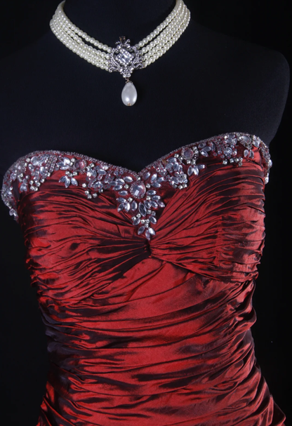 Vintage Strapless Burgundy Satin Pleated Mermaid Long Party Dress Prom Gown With Beads D2224