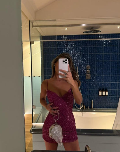 Fashion Spaghetti Straps V Neck Sequin Sheath Cocktail Dress,Dark Fuchsia Short 6th Grade Homecoming Dress D3048