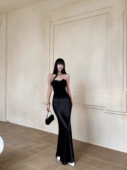 Pretty Lace Appliques Strapless Mermaid Evening Dress Party Dress,Black Satin Long Wedding Guest Dress D2089