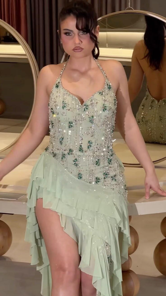 Glamorous Halter Mint Green Chiffon Ruffles Beaded Long Party Dress Backless Evening Gown D3588