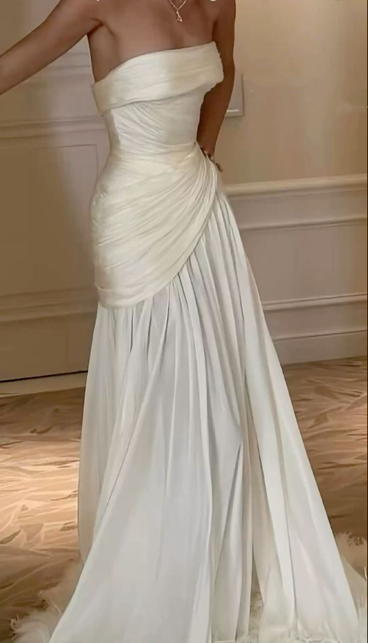 Elegant Strapless Off White Chiffon Pleated Mermaid Evening Dress Long Birthday Prom Dress D3444
