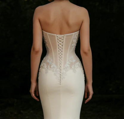 Classy Strapless Satin Appliques White Mermaid Long Wedding Dress Bridal Dress D1940