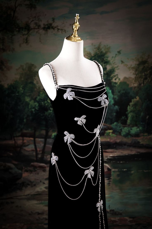 Elegant Black Velvet Spaghetti Straps Slit Beaded Mermaid Evening Dress Long Birthday Party Gown D1559