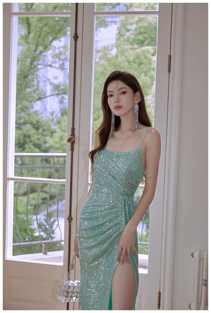 Sparkly Spaghetti Straps Mint Green Sequin Mermaid High Slit Long Prom Dress Evening Dress D2442