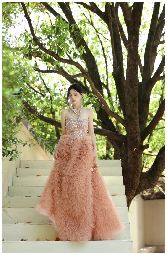 Gorgeous Strapless Pink Tulle Beaded A Line Birthday Prom Dress Evening Dresses D2423