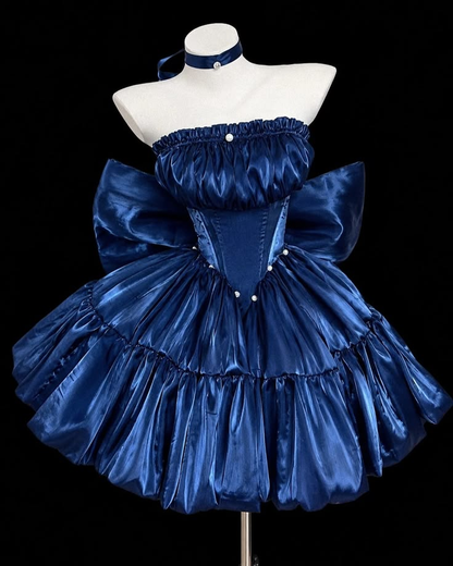 Cute Strapless Navy Blue Satin A Line Short Birthday Dress Homecoming Dress With Bow D3837