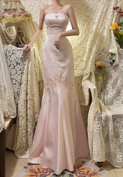 Classy Pink Strapless Satin Sequin Beaded Long Mermaid Evening Dress Party Gown D915