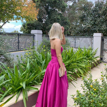 Pretty Strapless Hot Pink Satin Pleated Long Prom Dress Party Gown D3448