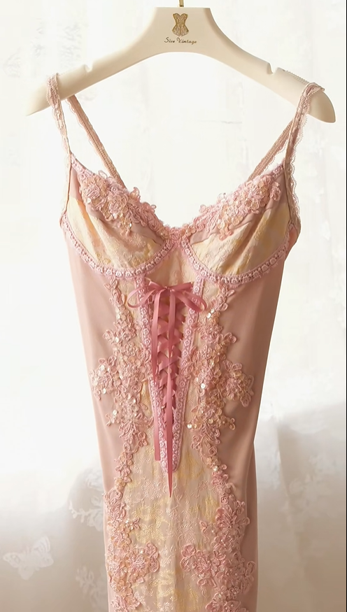 Retro Spaghetti Straps Satin Lace Appliques Sheath Evening Gown Pink Birthday Party Dress D2729