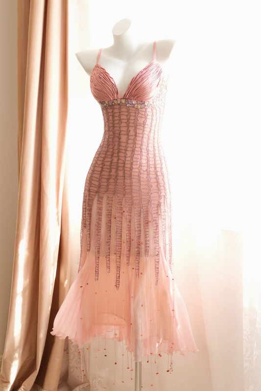 Vintage Peach Pink Chiffon Mermaid Long Party Dress Spaghetti Straps Prom Gown D2714