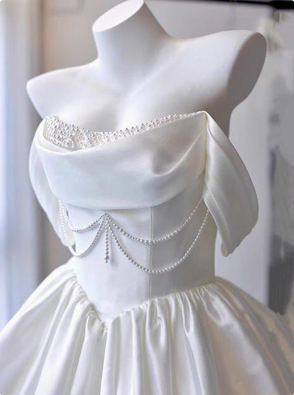 Elegant Off The Shoulder A Line Mini Birthday Dress,White Beaded Satin Pleated Short Homecoming Dress D3008