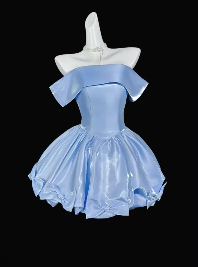 Fashion Off The Shoulder Blue Satin Bow A Line Short Homecoming Dress Birthday Dress D4155