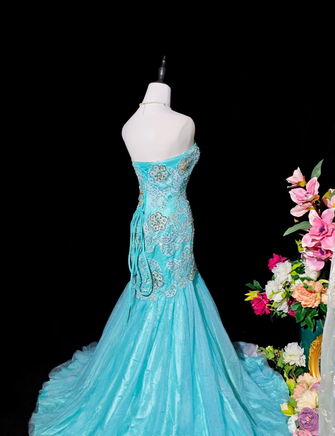 Charming Strapless Blue Tulle Appliques Beaded Mermaid Party Dress Long Birthday Evening Gown D2373