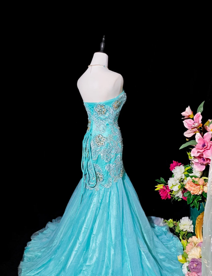 Charming Strapless Blue Tulle Appliques Beaded Mermaid Party Dress Long Birthday Evening Gown D2373