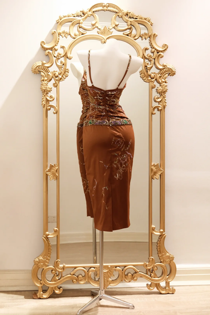 Gorgeous Spaghetti Straps Satin Sequin Beaded Midi Party Gown,Vintage Prom Dress D2730