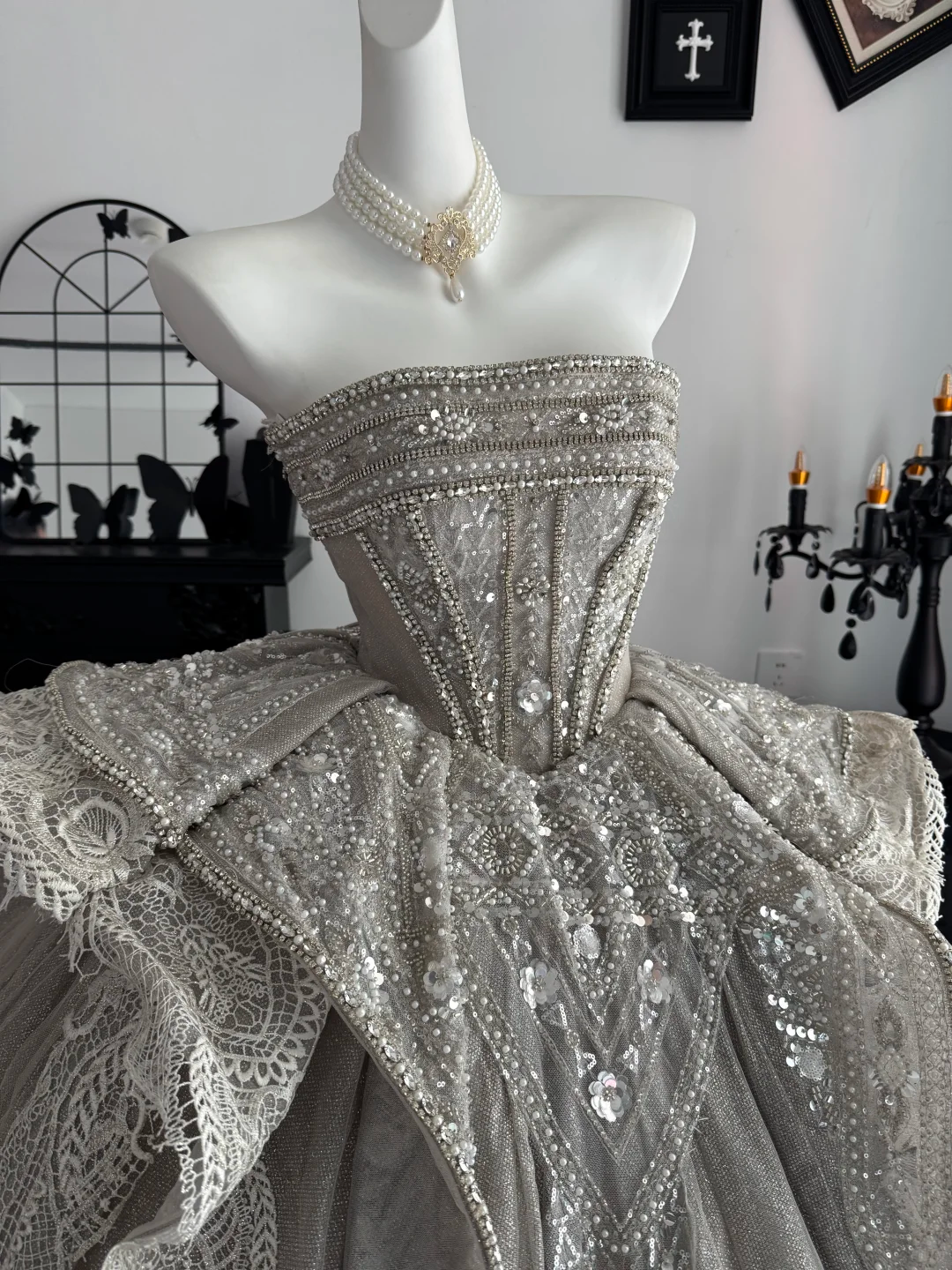 Vintage Strapless Gray Tulle Beaded Long Wedding Dress Bridal Gown D3697
