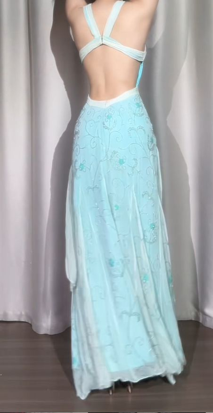 Classy Light Blue V Neck Chiffon Beaded Mermaid Long Party Dress Backless Evening Gown D1910