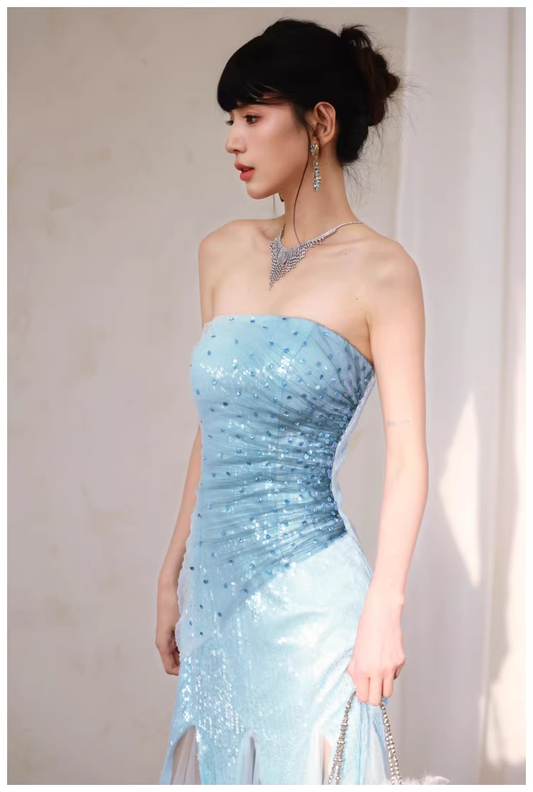 Charming Strapless Blue Tulle Sequin Beaded Mermaid Long Evening Dress Birthday Party Gown D2436