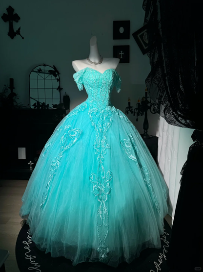 Classy Tiffany Blue Off The Shoulder Tulle Appliques Beaded Quinceanera Dress Sweet 17 Dress D3706