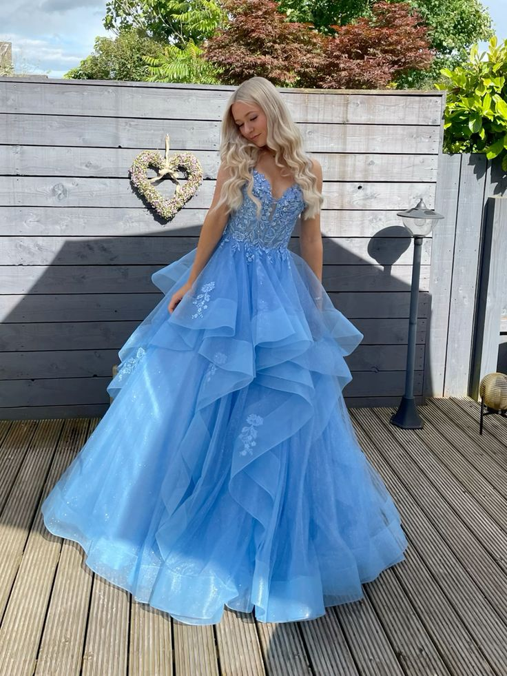 Stunning Spaghetti Straps Blue Tulle Appliques Long Evening Dress Birthday Prom Dress D5440