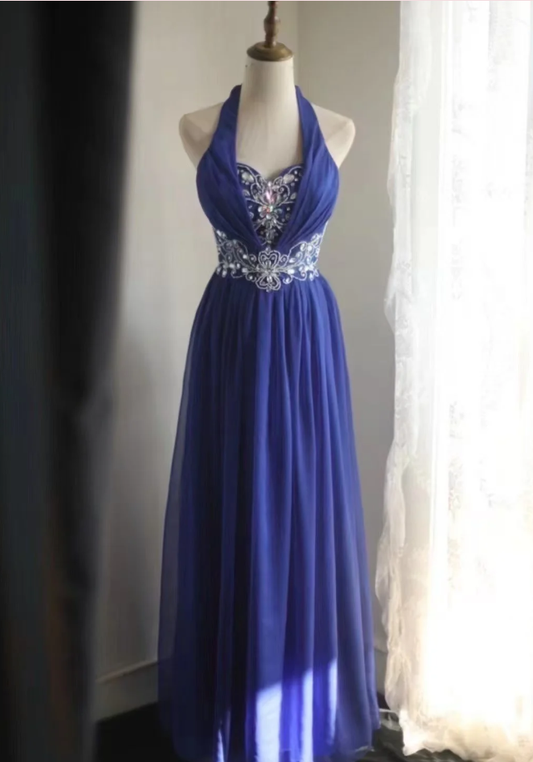 Stylish Halter Royal Blue Chiffon Beaded Long Evening Dress Formal Wedding Guest Dress Prom Gown D2201