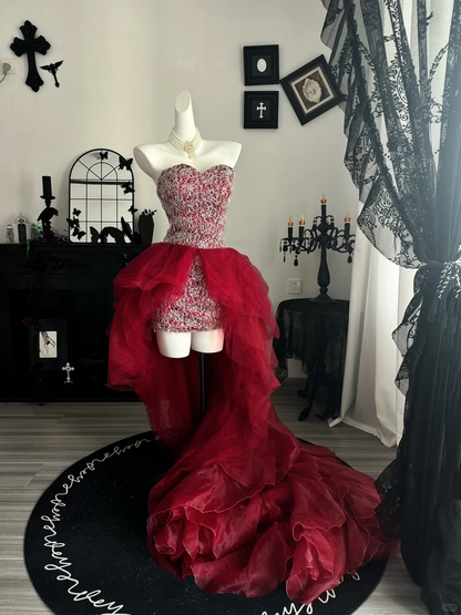 Unique Burgundy Strapless Satin Tulle Ruffles Prom Dress Evening Dress D3723