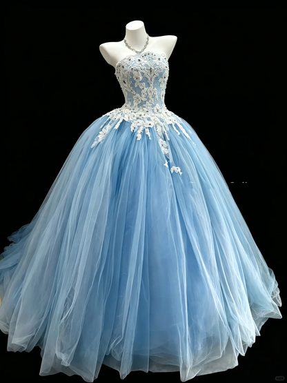 Pretty Strapless Tulle Appliques Birthday Quinceanera Dress Light Blue Sweet 16 Dress D5294