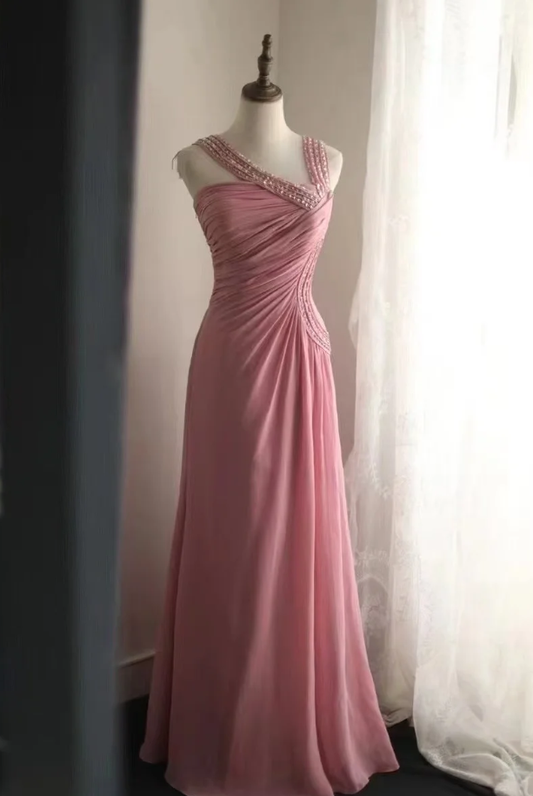 Fairy Pink Chiffon Sequin Beaded Mermaid Long Party Dress Birthday Evening Gown D2206
