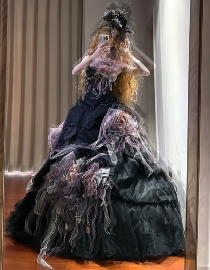 Vintage Black Strapless Satin Tulle Pleated 3D Flowers Ball Gown Long Birthday Quinceanera Dress D1700